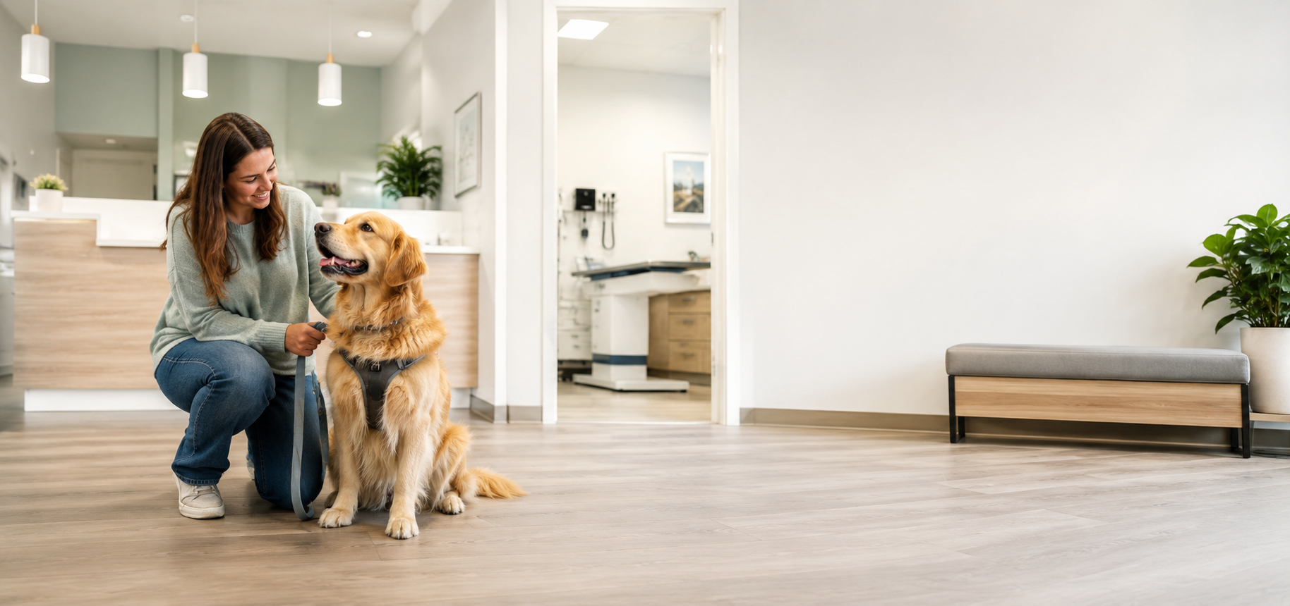 Dog preparing for a less stressful veterinary clinic visit with owner support