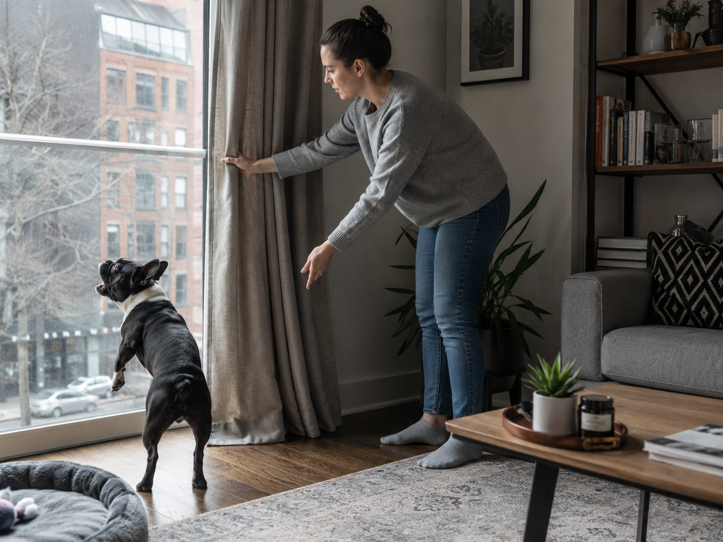 Dog and owner practicing calm reward-based walking at a safe distance from triggers