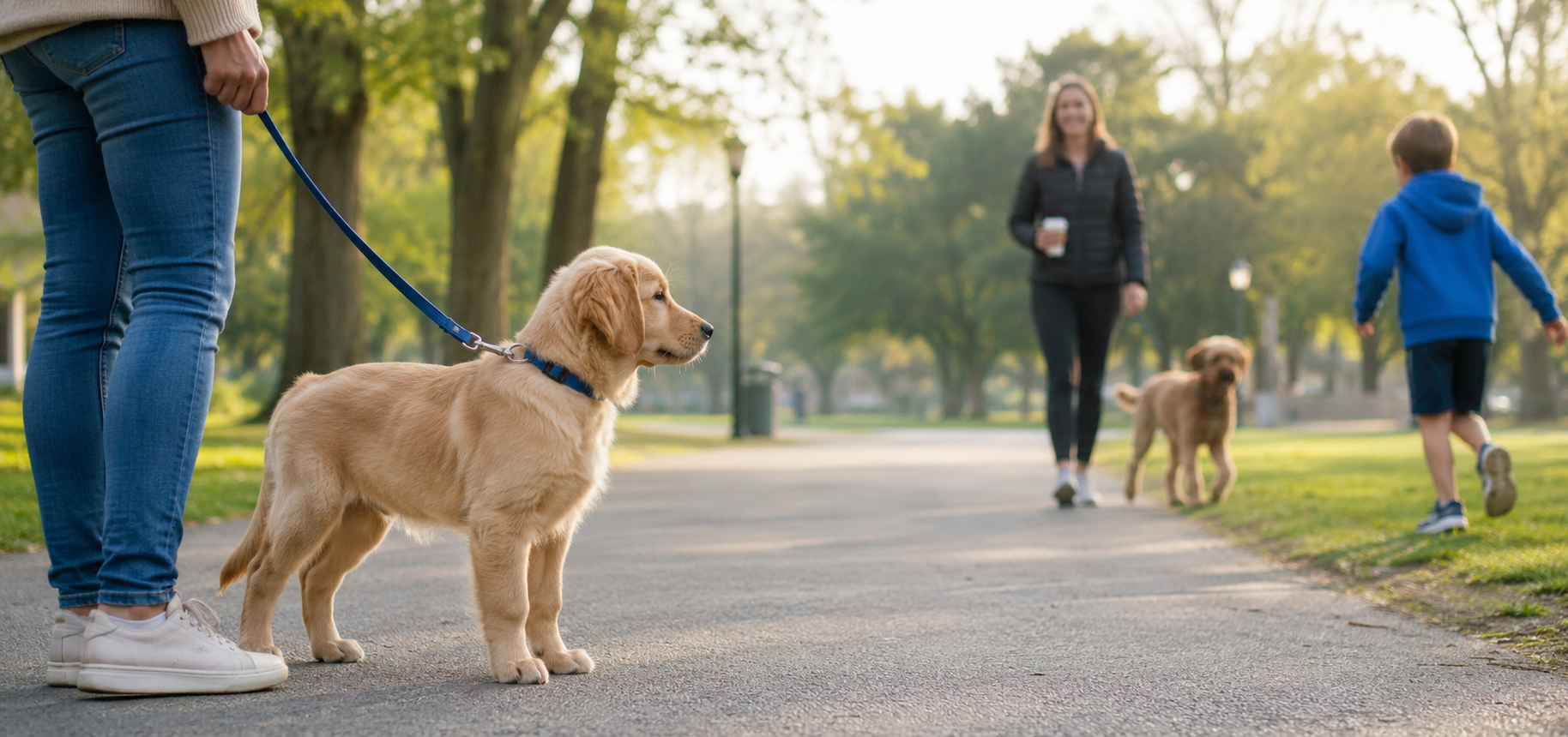 Dog calmly experiencing people other dogs and new places with owner guidance