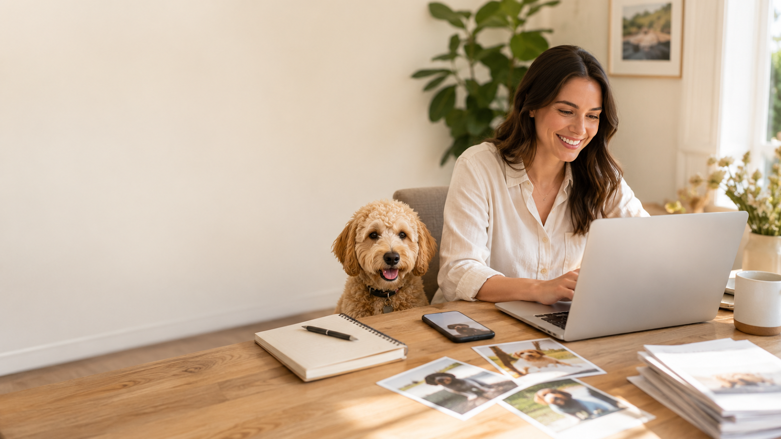 Dog event organizer preparing event information with a calm dog nearby