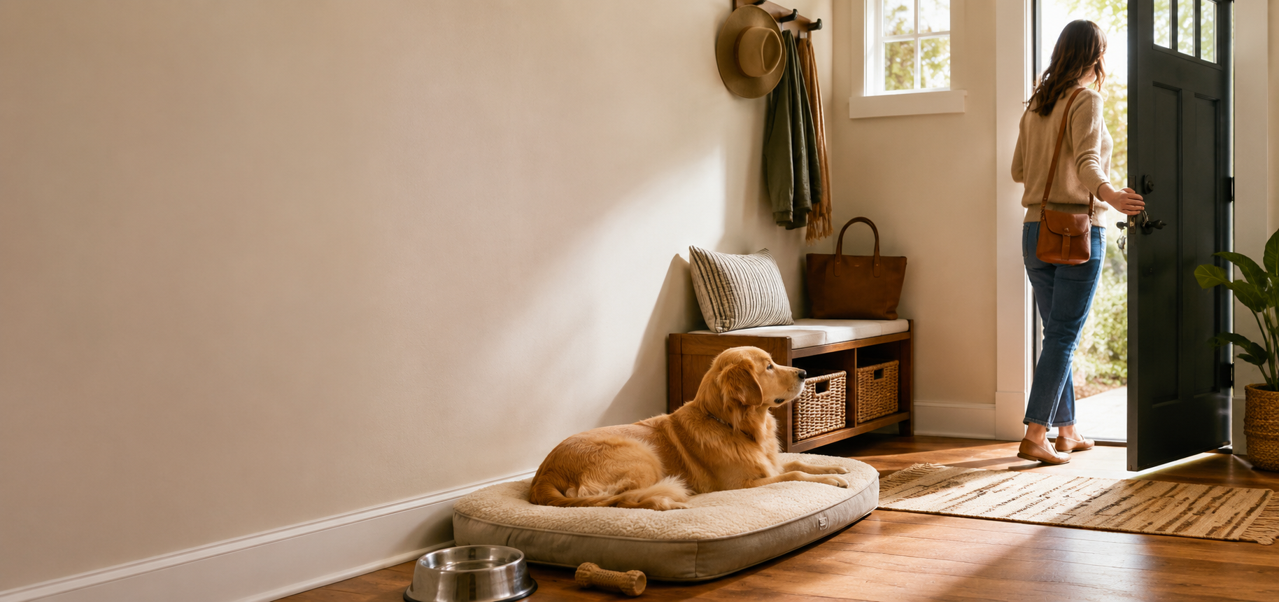 Dog resting at home while learning to stay calm during safe owner absences
