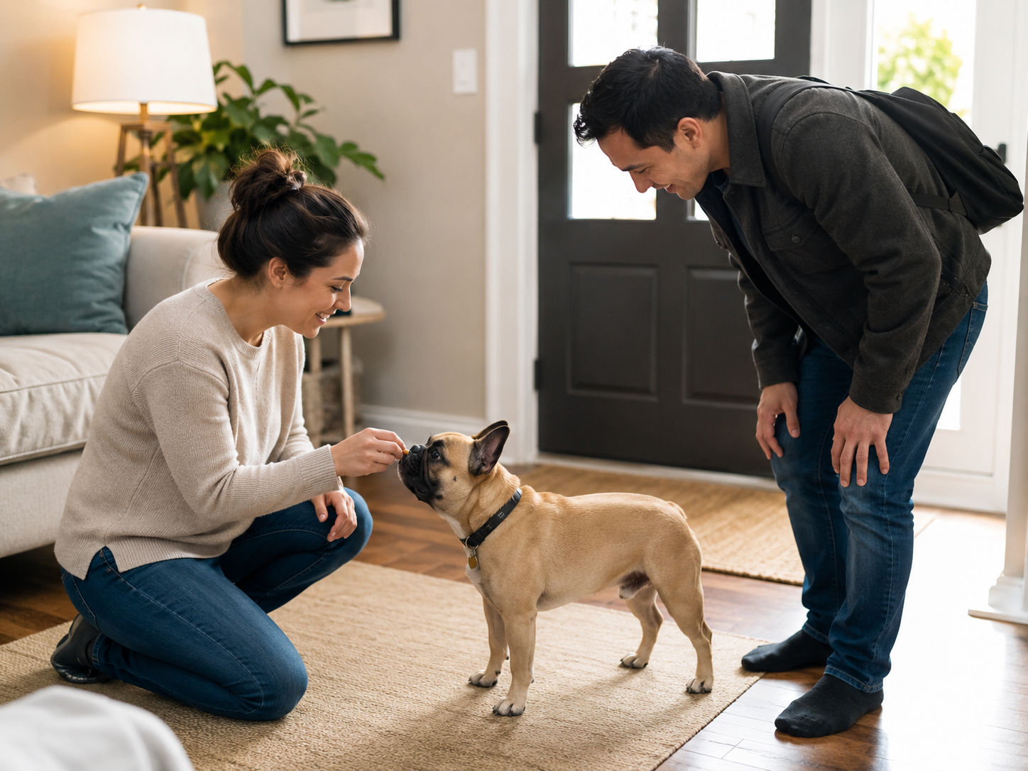Dog and owner practicing a calm outdoor greeting using distance and rewards