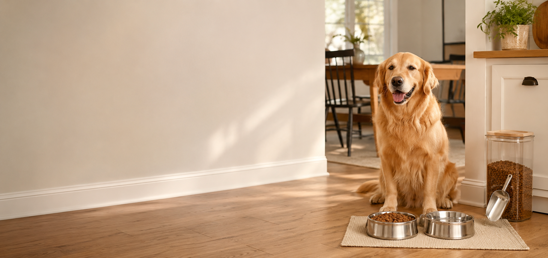 Dog eating from a bowl as part of a consistent healthy feeding schedule