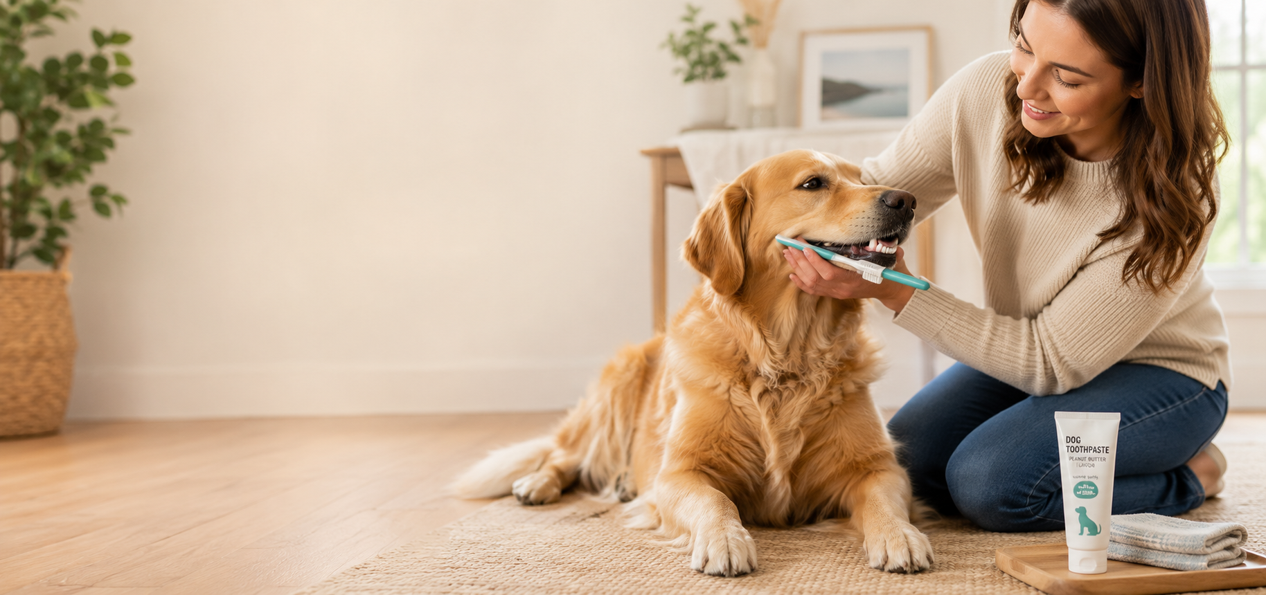 Dog owner gently brushing a dog