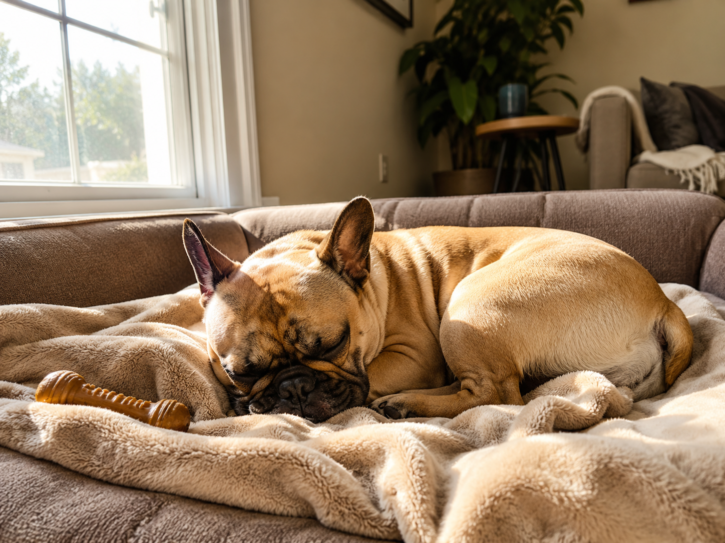 Dog resting comfortably in a familiar safe home-alone area