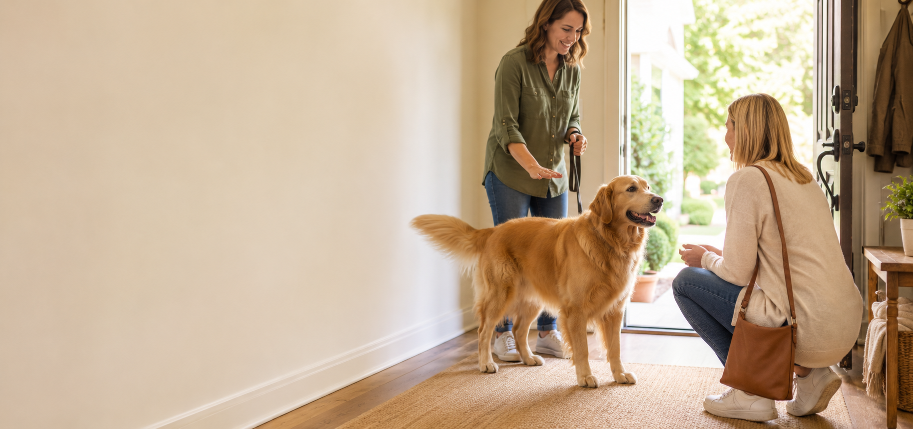 Happy dog greeting a person calmly with four paws on the floor