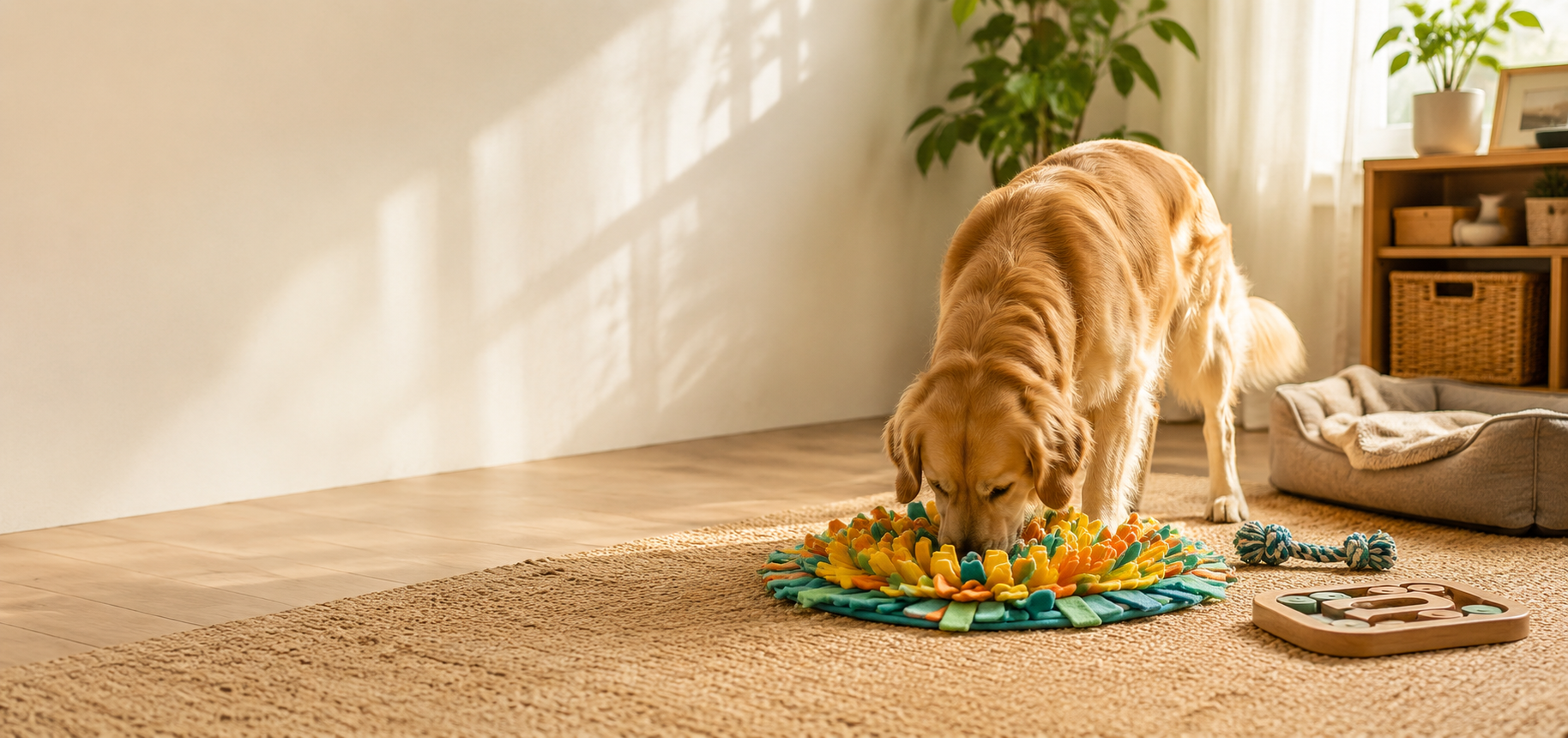 Dog enjoying a calm mental enrichment activity at home