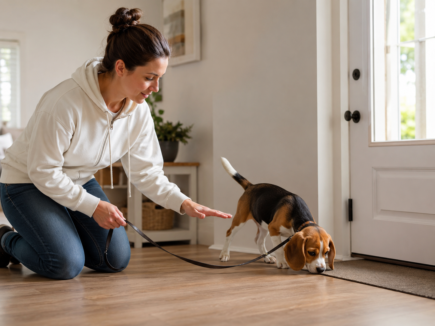 Puppy owner calmly cleaning an indoor potty training accident