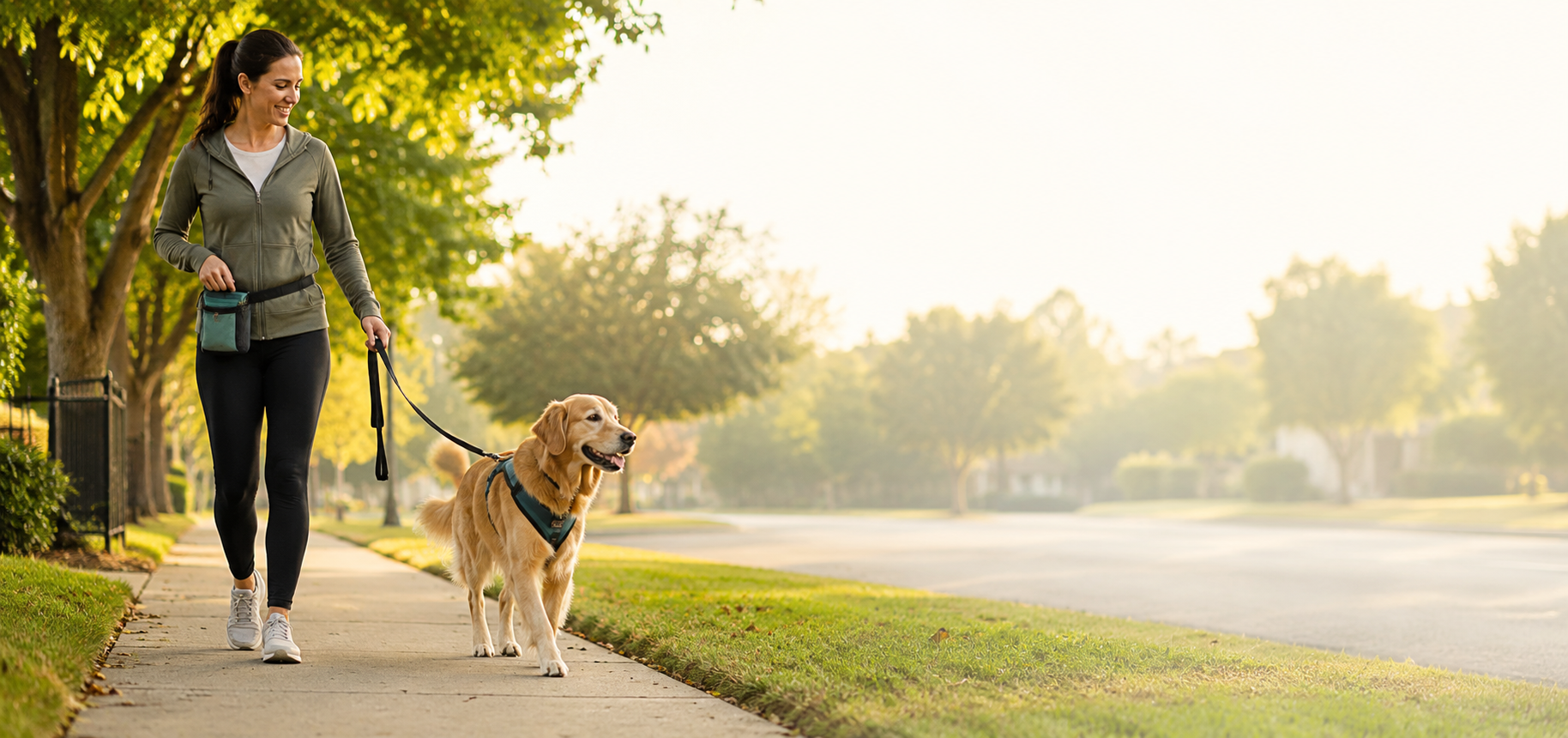 Dog walking calmly beside its owner with a relaxed loose leash