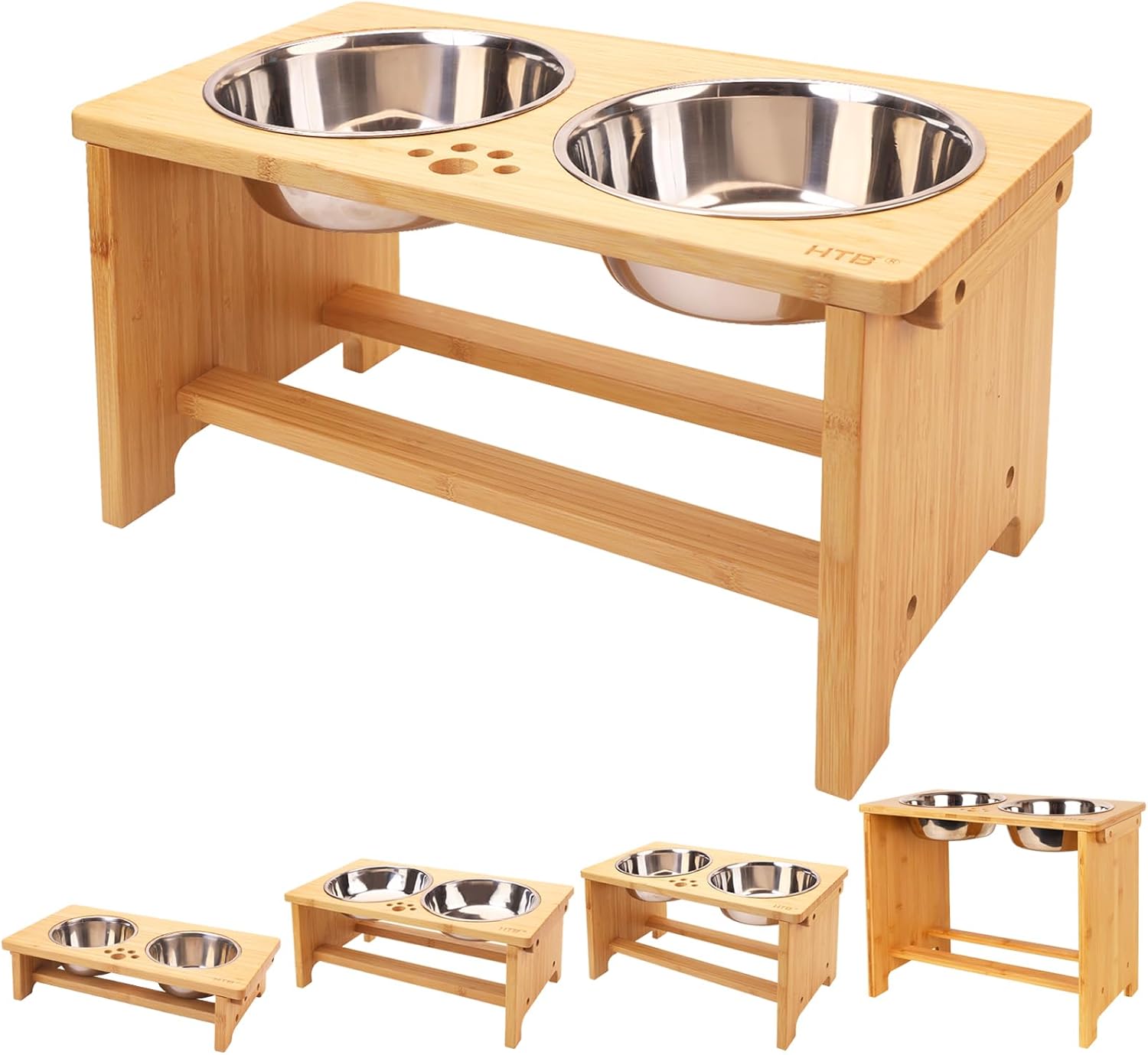 Wooden Raised Bowl Stand with Two Bowls