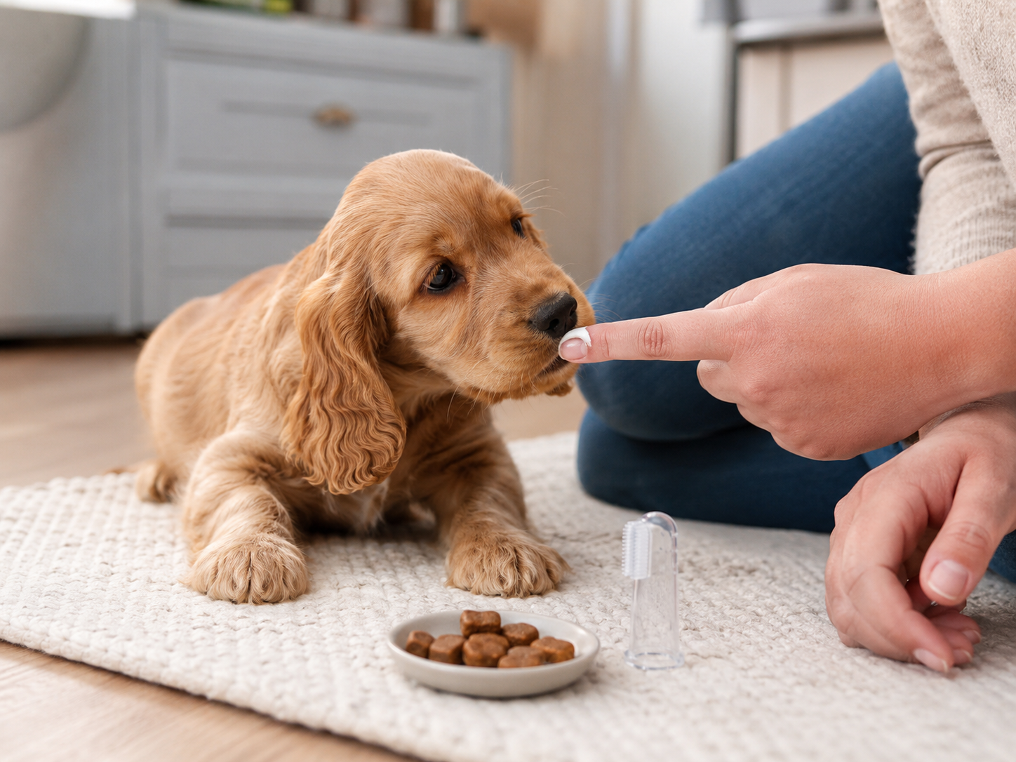 Dog calmly learning to accept a toothbrush through reward-based dental care practice