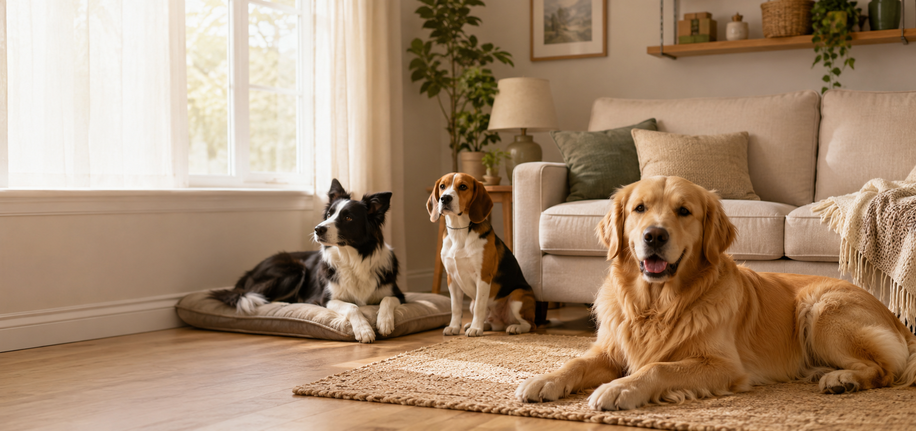 Two dogs living calmly together after a careful introduction and managed household routine