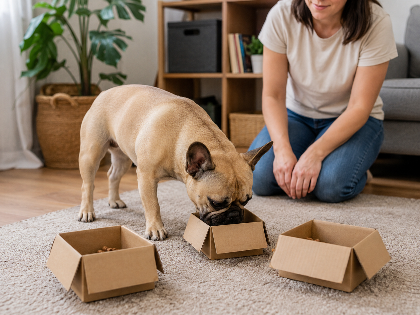 Dog participating in a short reward-based indoor training activity