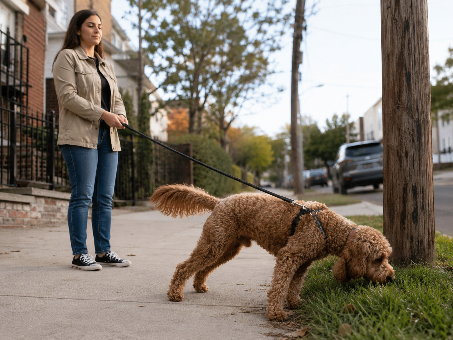 Dog walking beside owner on a loose leash in a quiet training area