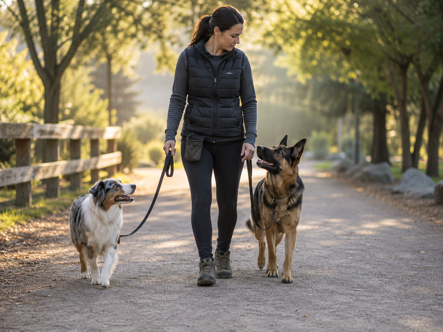 Owner practicing calm turn-taking and reward-based training with two dogs