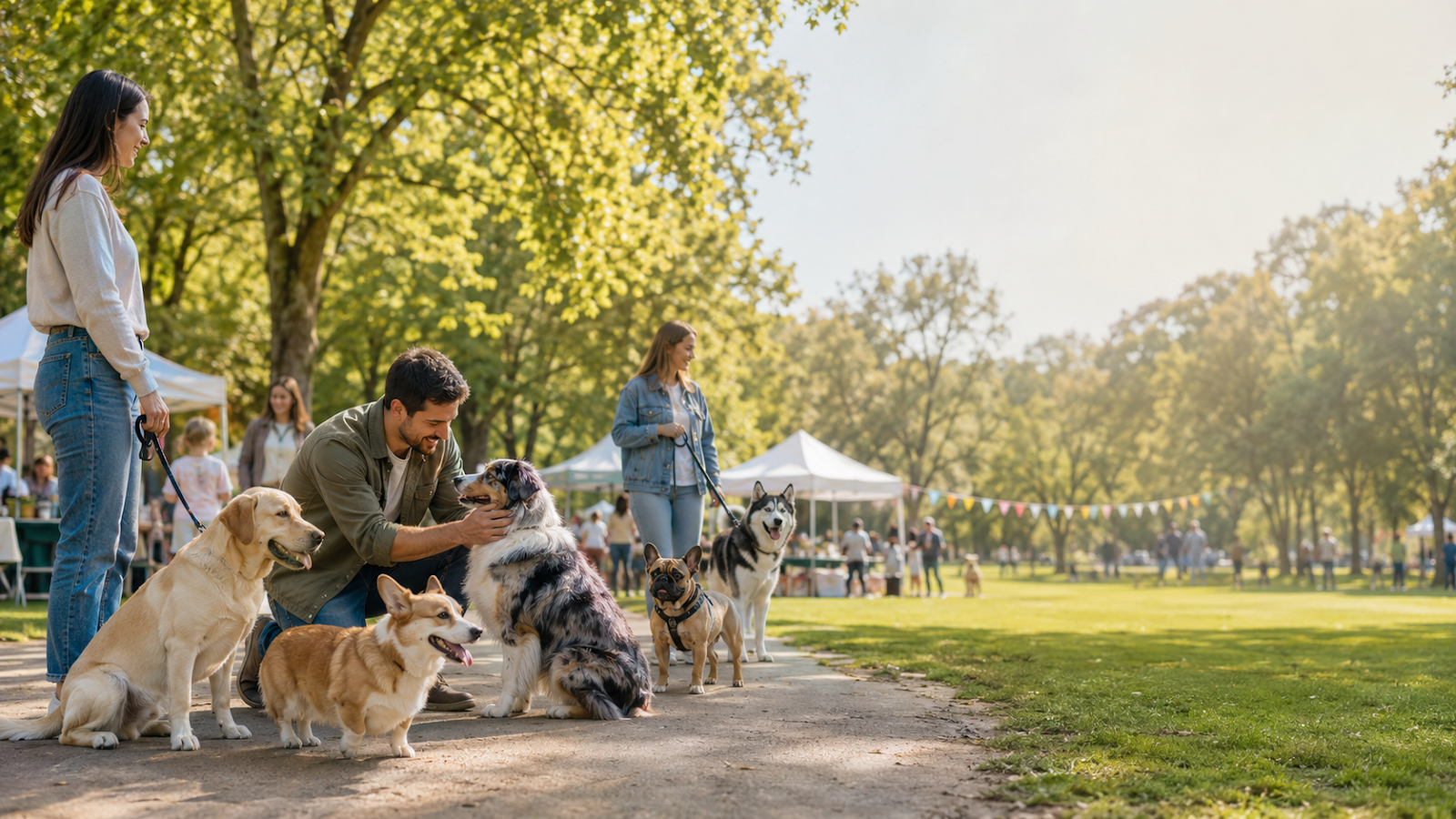 Dog owners attending a peaceful outdoor dog event