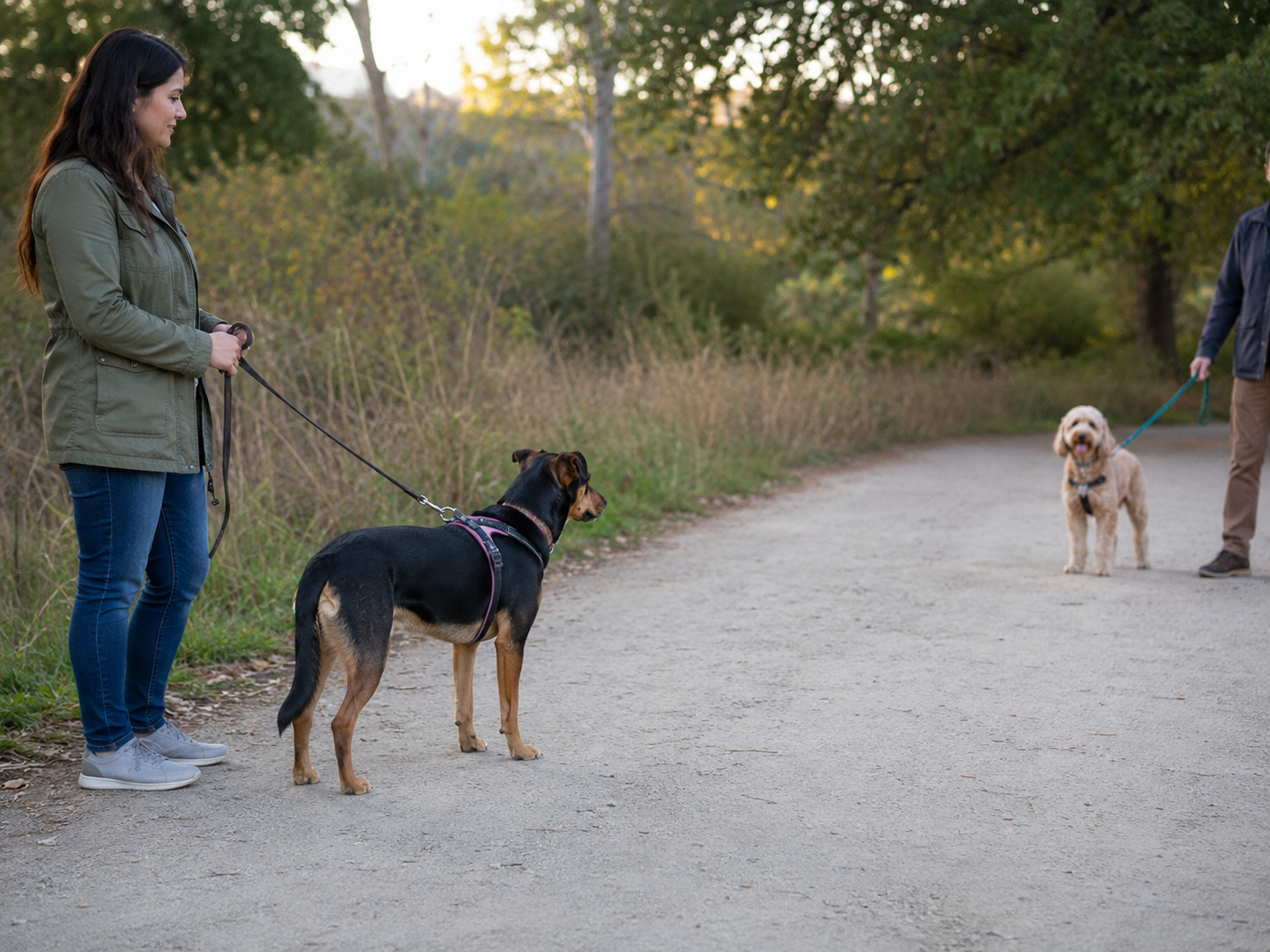 Dog calmly exploring a new outdoor environment with its owner
