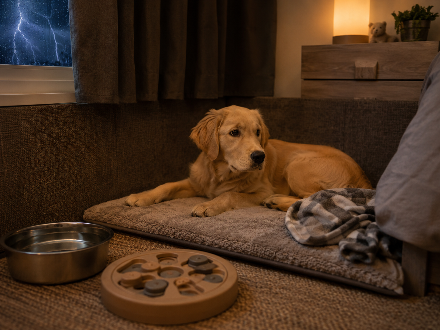 Owner preparing a quiet safe indoor area for a dog before fireworks