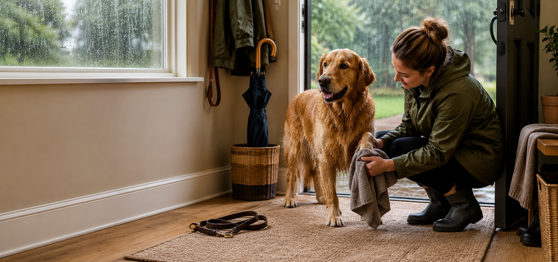 Dog enjoying a calm rainy day routine with indoor exercise and enrichment