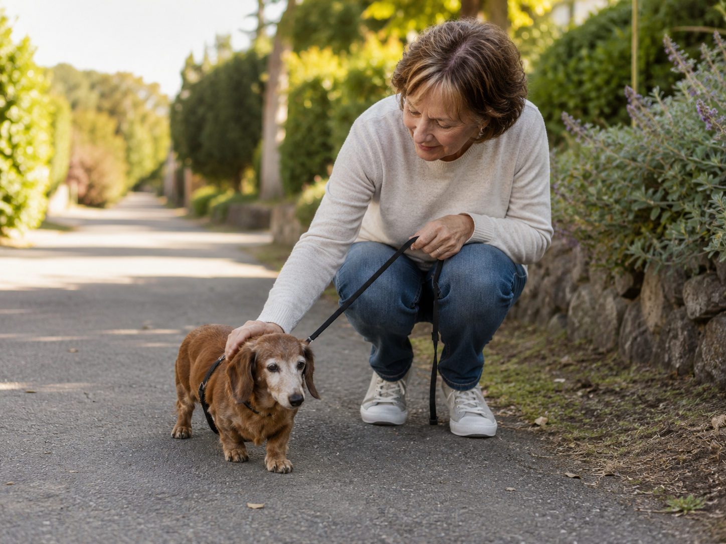 Dog walking safely outdoors with attention to water and weather conditions